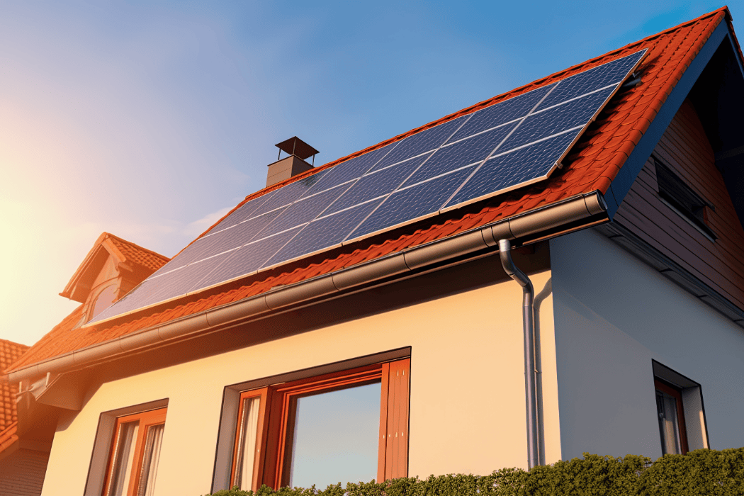 Solceller på rødt tag i solnedgang